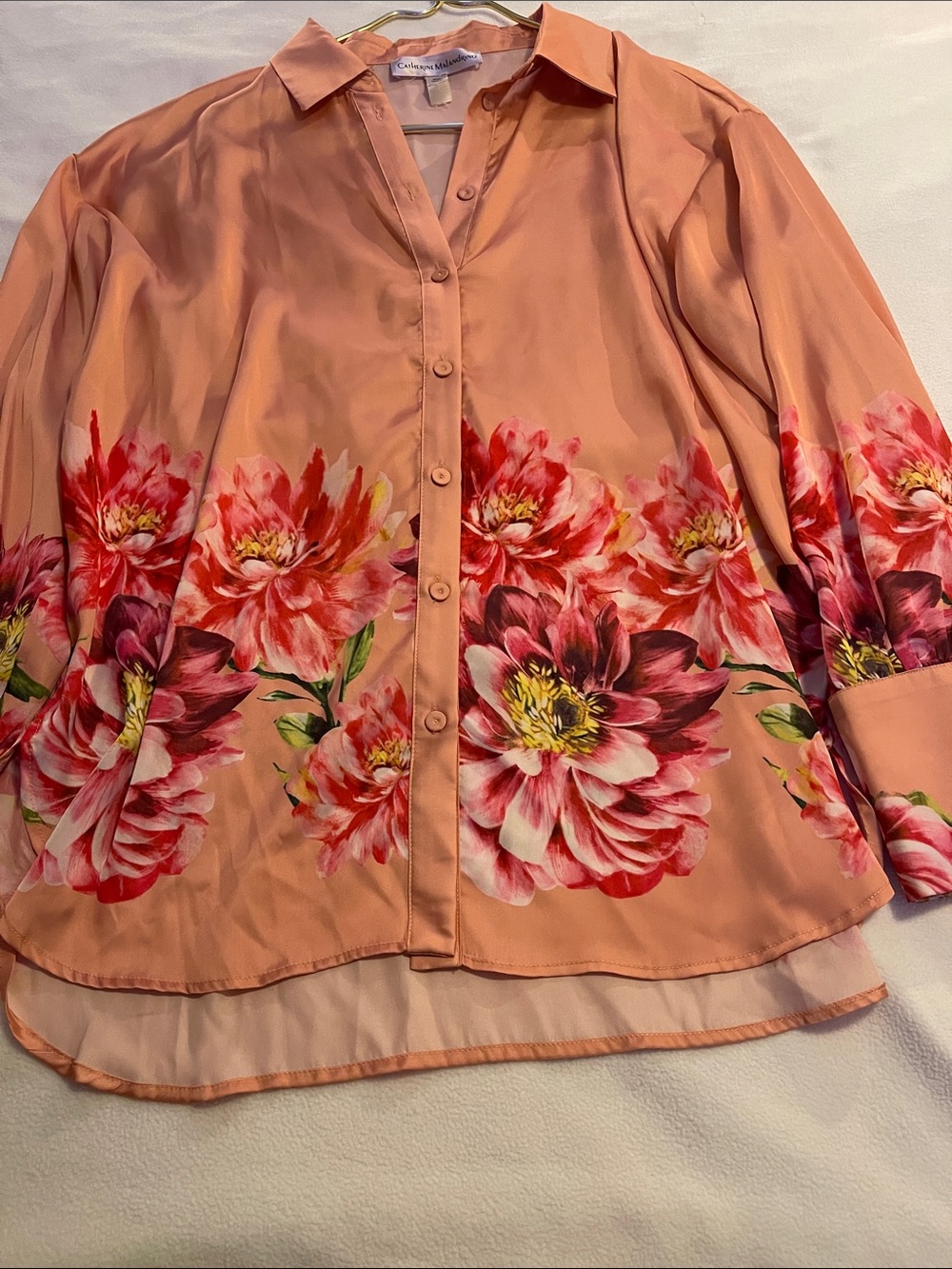Catherine Malandrino Peach Button-Down Blouse with Pink & Red Floral Border